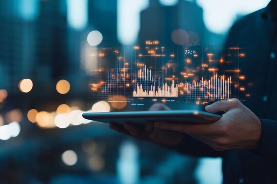 A person holds a tablet with vivid holographic data visuals, merging technology and creativity for business forecasts on a bustling city street.
