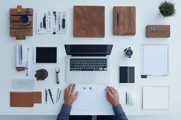 A top-down view of a perfectly organized workspace with various office supplies and tech gadgets, promoting productivity and efficiency in a modern setting.