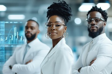 A confident and diverse professional team dressed in white stands with arms crossed, exuding teamwork and leadership in a futuristic office environment.