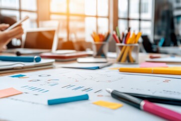 An assortment of vibrant office supplies and business charts on a sunny desk, radiating creativity and productivity in a bright, dynamic work setting.