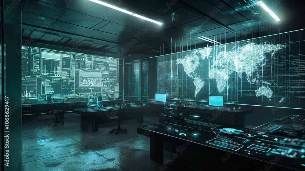 Poster holographic interface with data streams and interactive charts projected in a futuristic office, emp