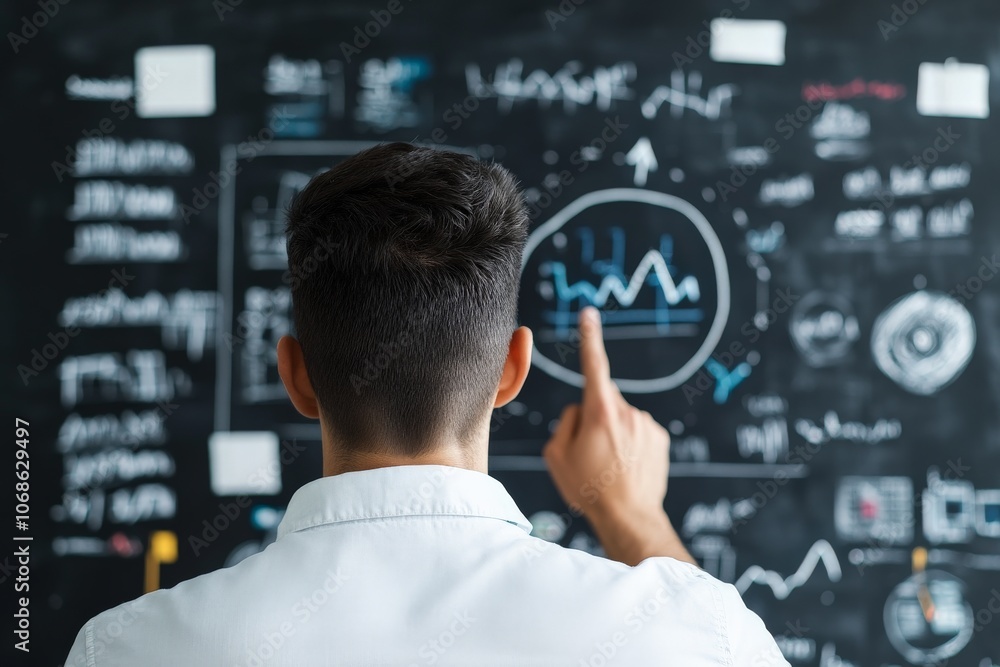 Poster back view of a man in a shirt interacting with a detailed blackboard filled with graphs and data, il