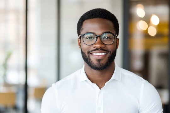 A smiling man dressed formally stands confidently in a contemporary office space, embodying modern professionalism and approachability in a bright corporate environment.