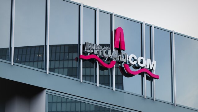 San Francisco, USA - March 22, 2020 Broadcom only editorial Stock information on the logo of the office facade
