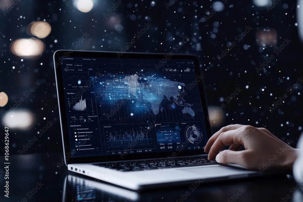 Aufkleber a laptop screen shows a digital world map with data analytics, graphs, and charts, symbolizing globa