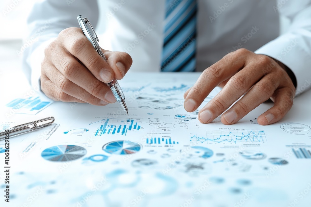 Poster a man in formal attire intensely examines financial charts and graphs spread across a desk, focusing