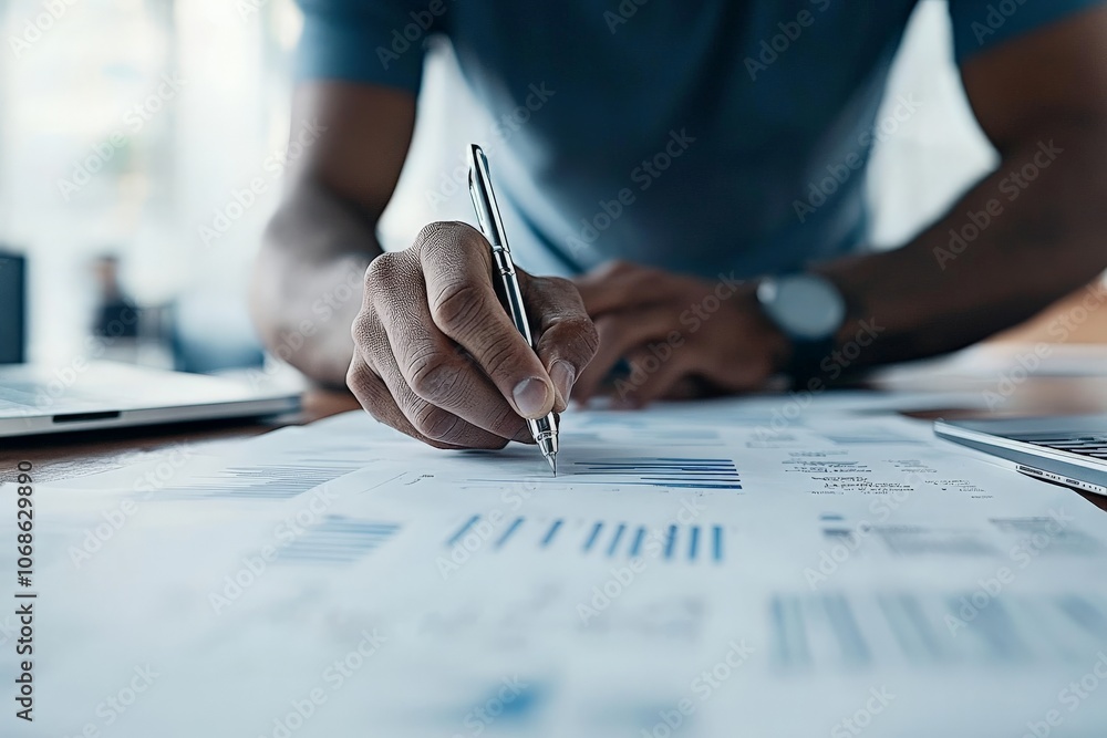 Poster a person in casual attire writes notes on a paper filled with graphs and charts, focusing on organiz
