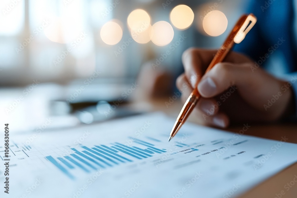 Poster a close-up of a hand holding a pen over a printed document showing a graph, with a blurred office ba