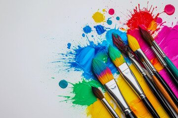 Obraz premium A colorful array of paintbrushes are scattered across a white background