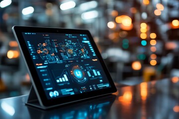 A tablet screen shows analytics data with charts and graphs, set against a blurred background of an industrial environment, indicating a tech-driven workspace.