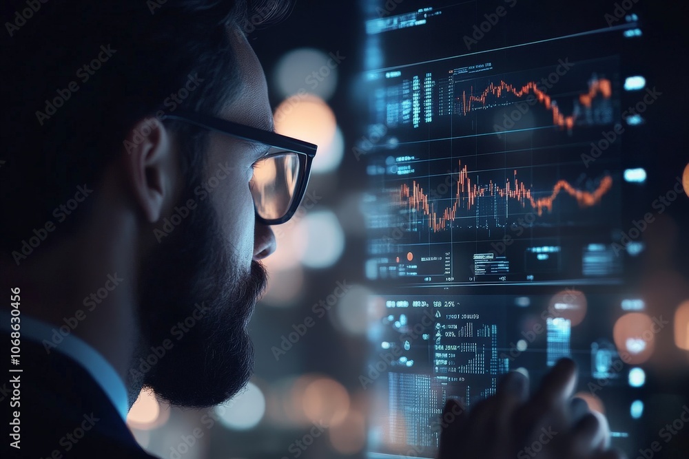Poster a businessman examines a digital stock market display screen full of data and charts, representing f