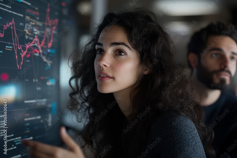 Poster a woman and man observe digital screen graphs, highlighting teamwork, technical proficiency, and in-