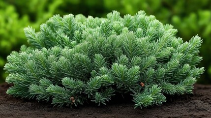 Close-up of lush evergreen shrub with dense blue-green needles in a natural garden setting, highlighting vibrant foliage and healthy growth.