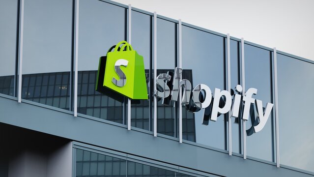 Birmingham, UK - January 14, 2024 Shopify only editorial Stock information on the logo of the office facade