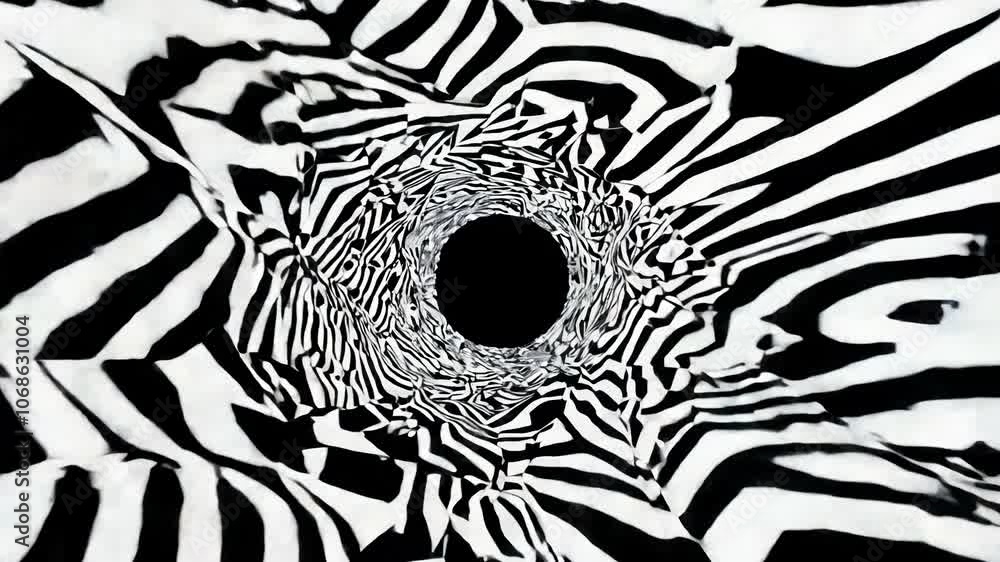 Poster rotating camera captures dynamic black and white patterns with bold lighting, creating a sense of mo
