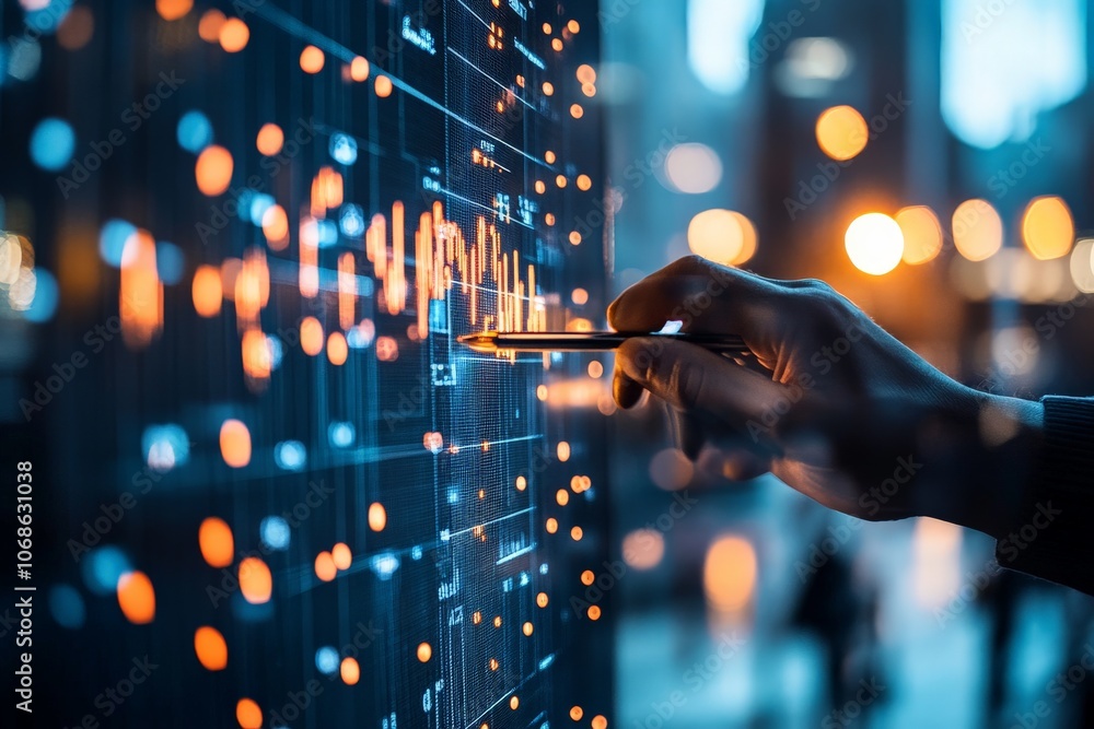 Poster this image features a hand interacting with a digital screen, touching glowing data points on a grap