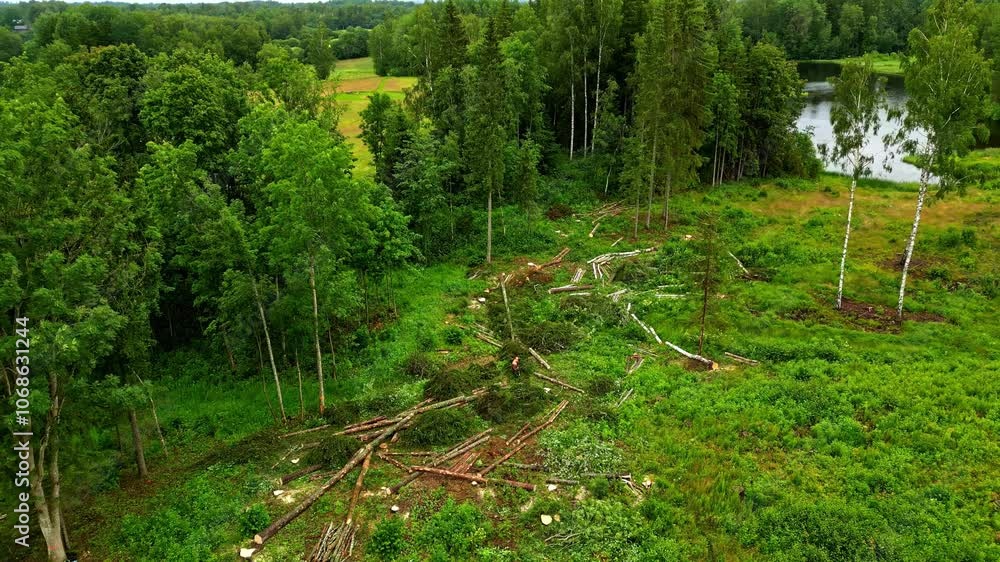 Poster logging in a countryside forest by a pond - aerial parallax of freshly cut trees