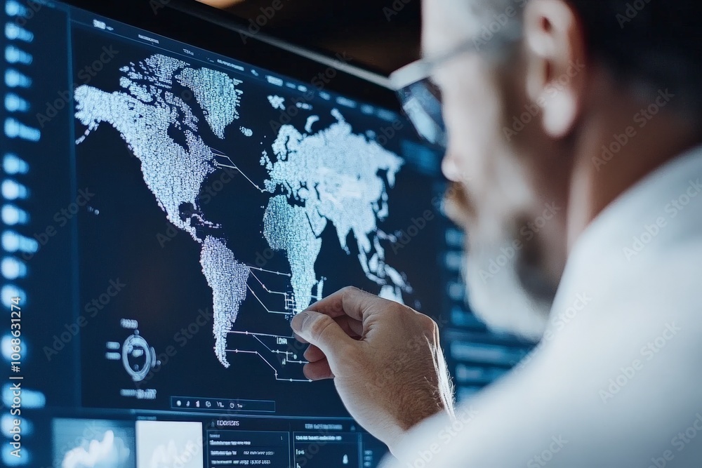 Poster A man studies a sophisticated digital map display showcasing global data visualization, highlighting technological advancements in global communication and analysis.