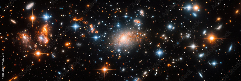 Poster a breathtaking view of a galaxy cluster showcasing a vast array of stars and nebulae set in the infi