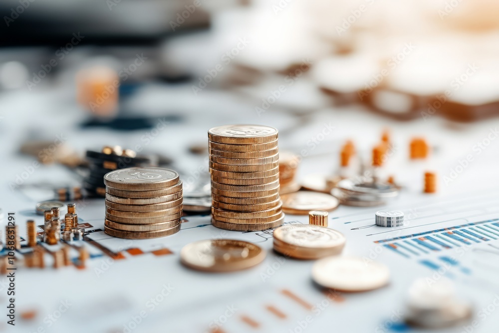 Poster multiple stacks of gold coins are placed on financial charts and graphs, symbolizing wealth and inve