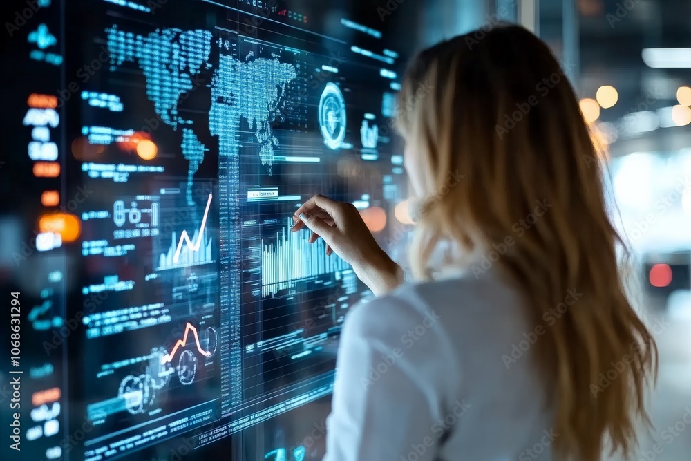 Poster A professional woman in a modern setting interacts with an advanced digital display featuring data visualizations, representing technology's impact on information management.