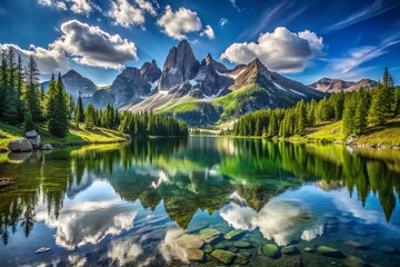 Stunning Long Exposure of a Bright Summer Day at a High Alpine Lake Surrounded by Jagged Peaks and Clear Blue Skies for Nature and Landscape Photography