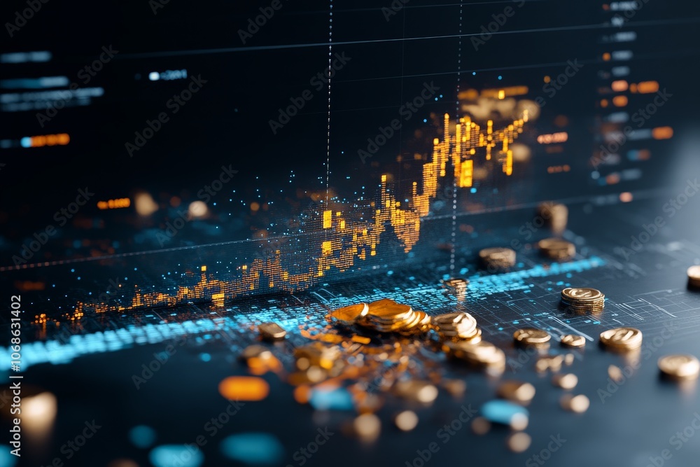 Poster a rising orange graph intersects a digital interface adorned with scattered coins, symbolizing growt