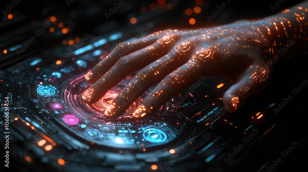 Poster a hand reaches out to touch a luminous digital interface filled with intricate patterns and vibrant 