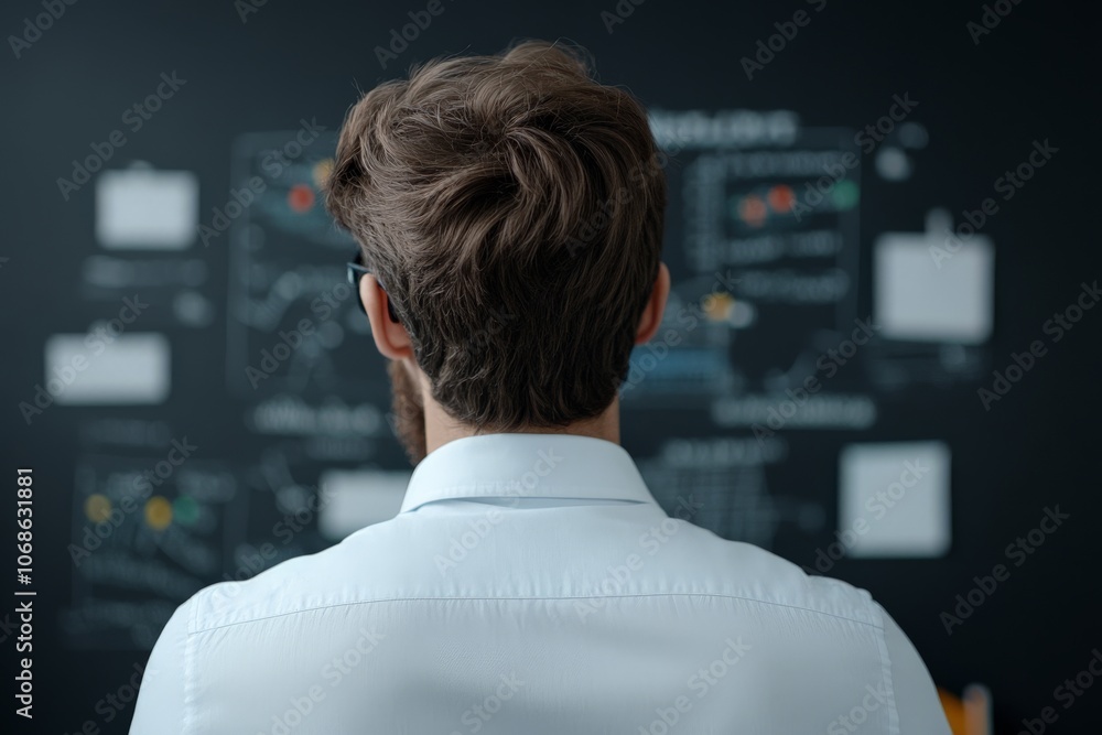 Poster a man stands with his back turned, analyzing a blackboard filled with complex diagrams and charts, p