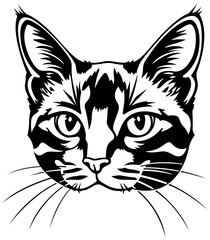 Black Drawing of Cats Head Isolated on White Background