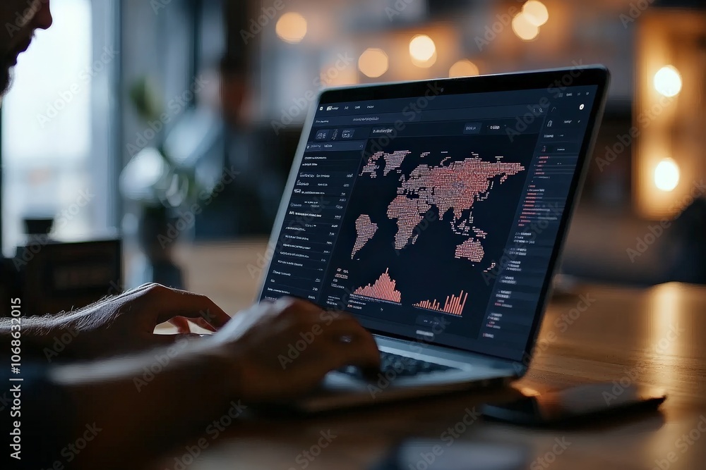Poster a person using a laptop displaying a world map and data visualization graphs on a screen, sitting on