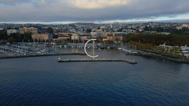 Push in drone shot of Eole Sculpture in Ouchy Lausanne in Switzerland