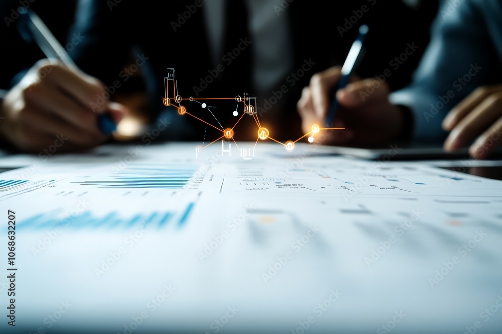 Poster the image illustrates a pair of hands scrutinizing financial documents and graphs, highlighting crit