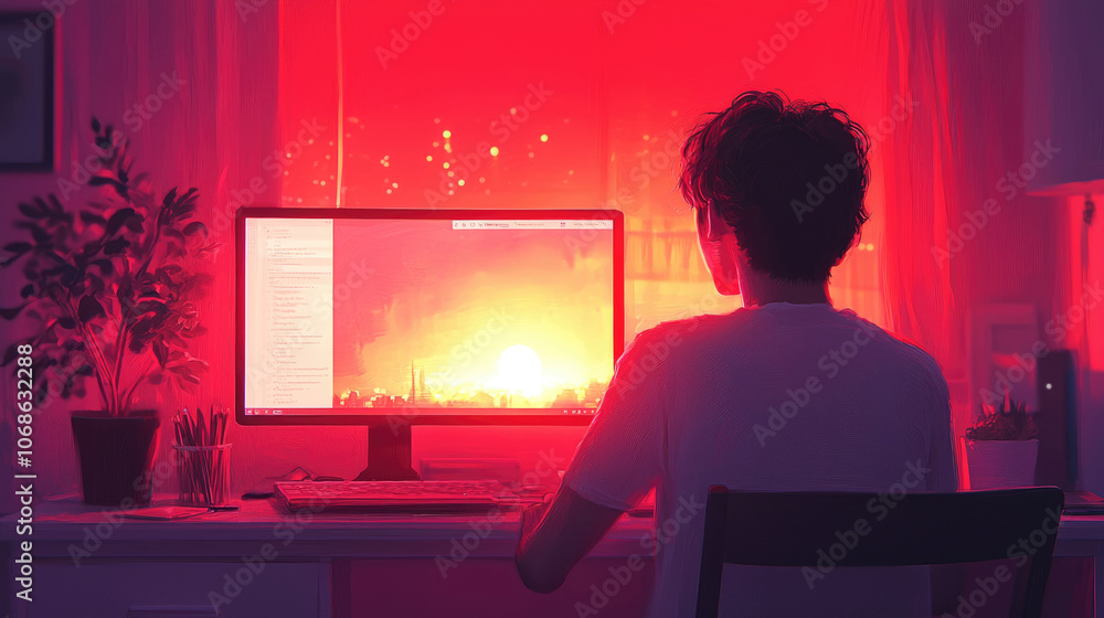 Poster a lone individual sits at a computer desk, illuminated by a warm red sunset filtering through a wind