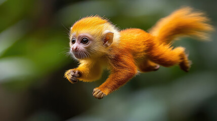 The golden monkey springs energetically through dense foliage, showcasing agility and vibrant fur while exploring its verdant habitat