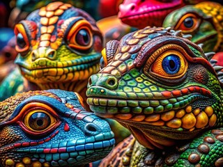 Obraz premium Stunning Macro Photography of a Set of Colorful Painted Reptilian Heads Showcasing Intricate Details and Vibrant Textures for Artistic and Nature Enthusiasts