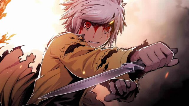 anime guy with white hair and a dagger in his hand