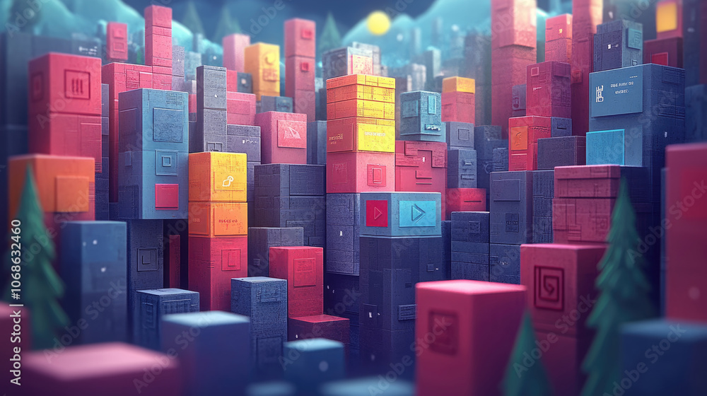 Aufkleber a multitude of colorful blocks stacked together forms an abstract urban environment, showcasing geom