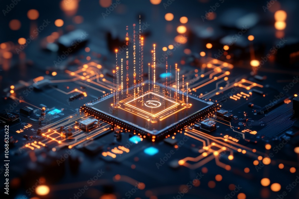 Poster a high-tech circuit board with vibrant glowing lines and elements, symbolizing modern technology and