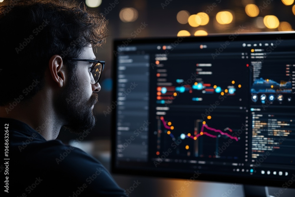 Poster a focused analyst observes complex data visualizations on a computer screen, indicating meticulous d