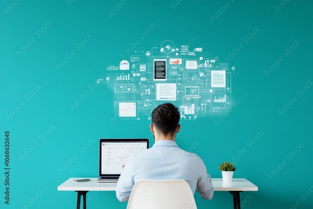Poster a man sitting at a desk working on a laptop surrounded by virtual digital icons symbolizing cloud co