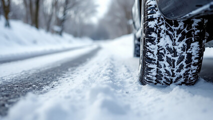 Close-up of Car Tire Driving on Snowy Road in Winter Conditions