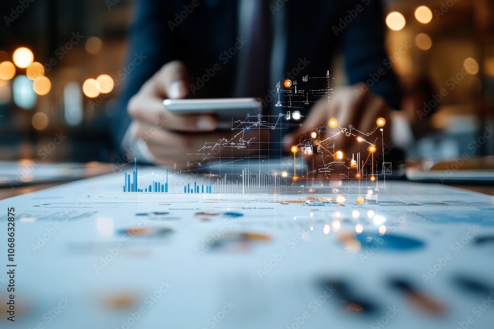 Poster a business professional reviews documents while 3d digital graphs emerge from the paper, symbolizing