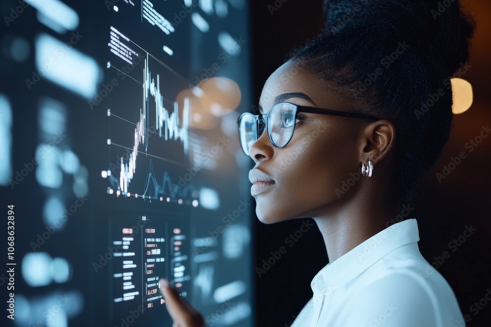 Poster a woman closely examines a high-tech digital screen with complex data visualizations, representing f