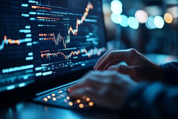 A person types on a laptop showcasing stock market graphs, indicating financial analysis or trading in a modern, busy office setting with focused ambiance.