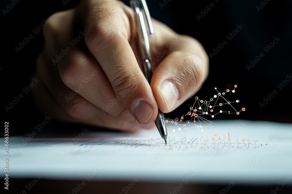 Aufkleber a businessman illustrates a network pattern on a document while writing, exploring concepts of colla