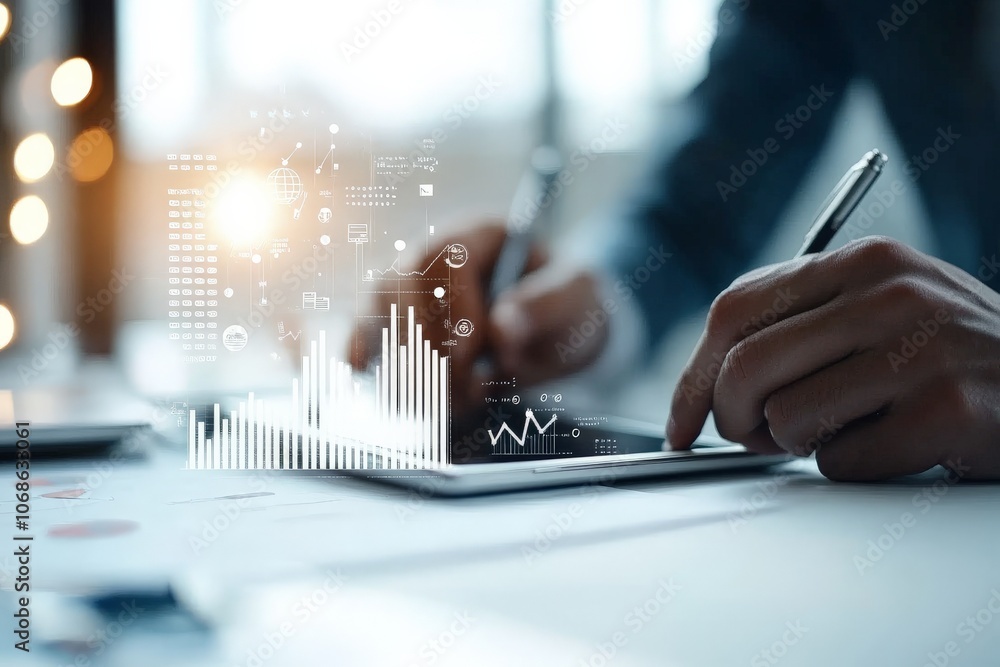 Aufkleber a professional's hands operate a tablet showing extensive data visualizations and charts, representi