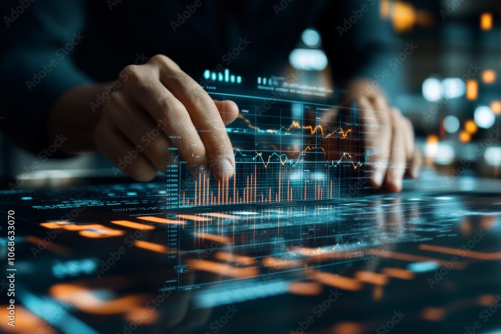Poster hands interact with virtual data graphs on a screen, illustrating advanced technology usage and data