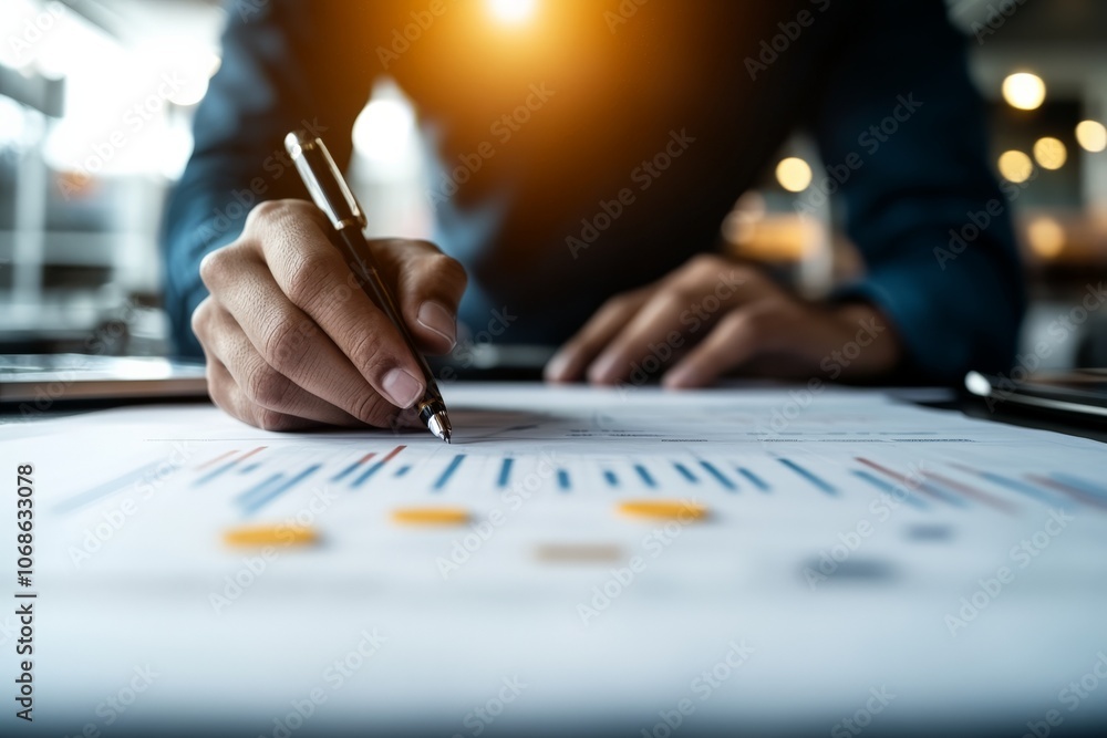 Poster a person writes on paper surrounded by technical diagrams and data charts, conveying focus, analysis