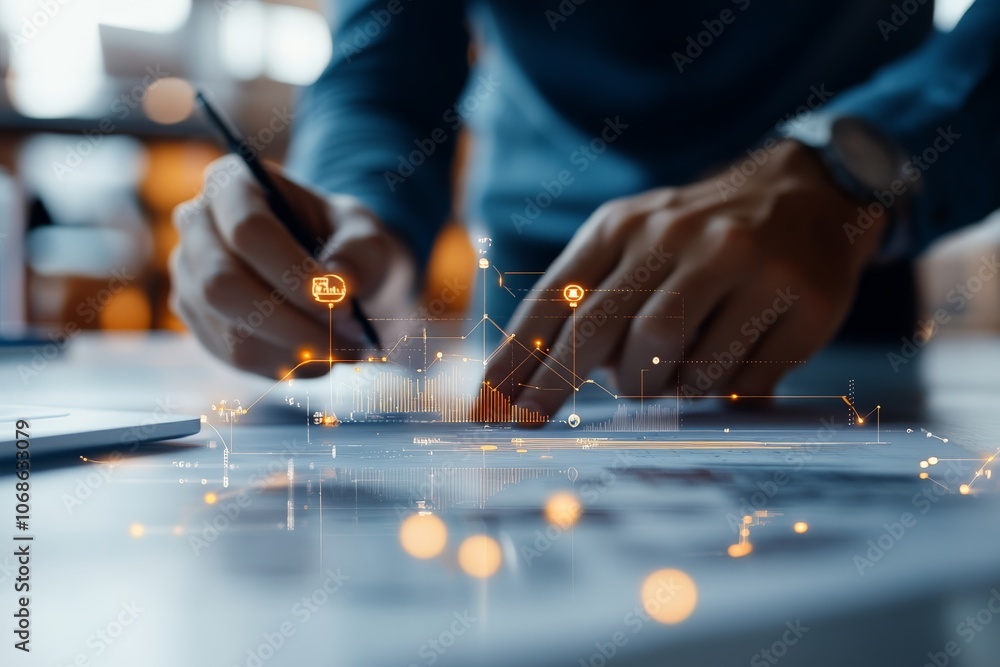 Poster a person's hand holds a pen and draws virtual futuristic data graphs, emphasizing analysis and creat